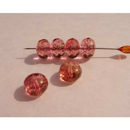 6 Fat Saucer Glass Beads 13mm x 9mm Faceted Edges Red Tinted Rondelle bd088