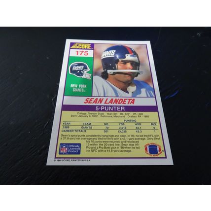 1990 Score Football Card # 175 Sean Landeta Excellent-Mint (6) New York Giants