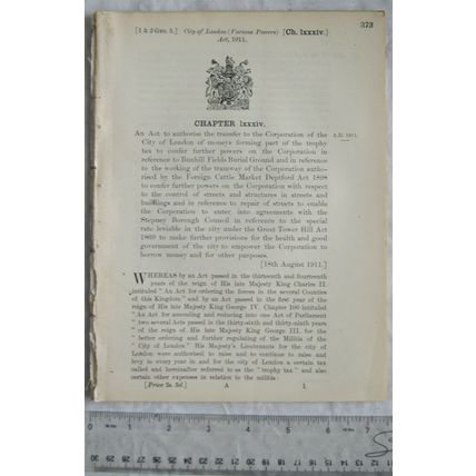 1911 Act of Parliament: London trophy tax Bunhill Burial Grounds Deptford Market