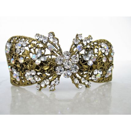 Large bronze gold bow leaves flowers amber purple blue crystal hair barrette