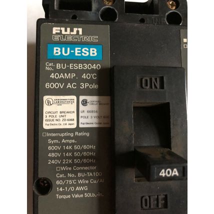 FUJI ELECTRIC BU-ESB Circuit Breaker, BU-ESB3040, 40 Amp, 600V AC, 3 P,DI