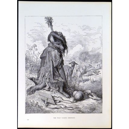 WOLF TURNED SHEPHERD 1885 Gustave Doré - Jean de La Fontaine ANTIQUE ENGRAVING