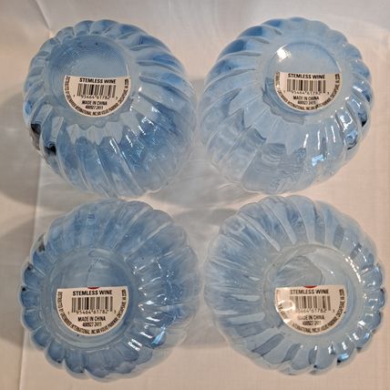 RIBBED BLUE Stemless Wine Glasses Cocktail Water Juice Tumblers Goblet Drink