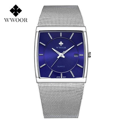 Gents Blue Thin Square Face Date Silver Stainless Steel Milanese Strap Watch