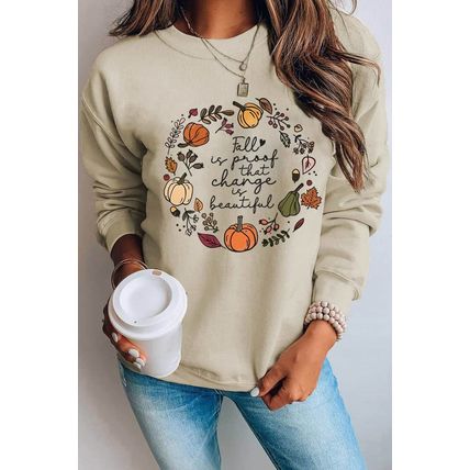 Khaki Fall Vibe Pumpkin Print Round Neck Sweatshirt