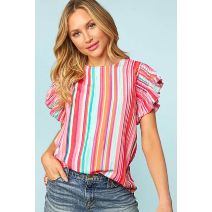 Stripe Abstract Print Stitching Ruffle Sleeve Blouse