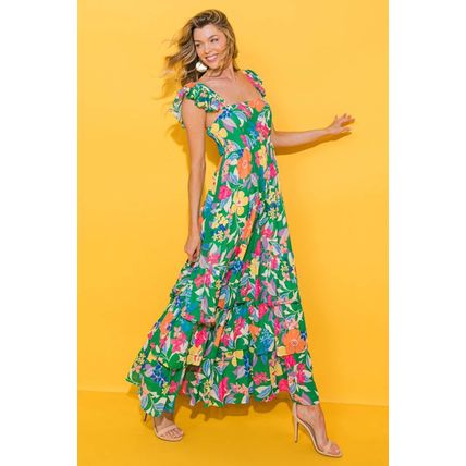 Green Floral Print Sleeveless Ruffle Tiered Maxi Dress