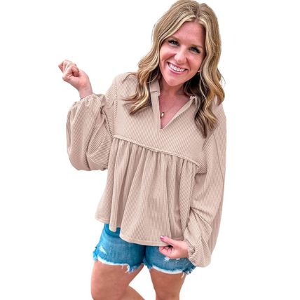 Parchment Corded Turn-down V Neck Bubble Sleeve Babydoll Blouse