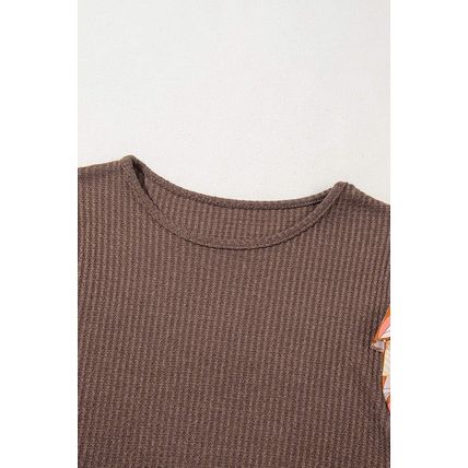 Coffee Ruffled Floral Sleeve Patchwork Waffle Knit O Neck Blouse