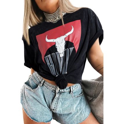 Black Western HOWDY Steer Head Print Side Slits Loose Fit T Shirt