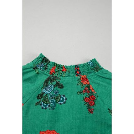 Bright Green Floral Print Buttoned V Neck Short Sleeve Blouse