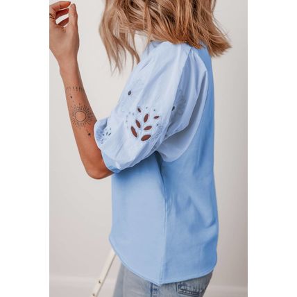 Beau Blue Eyelet Flower Embroidered Puff Short Sleeve Patchwork Crew Neck Blouse