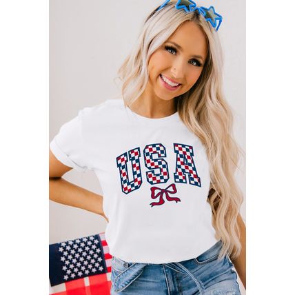 White Checkered USA Graphic Casual Tee