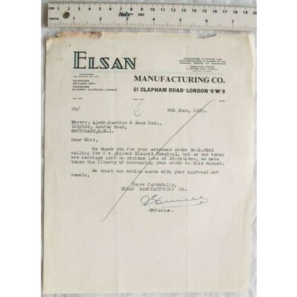 1952 letter Elsan Manufacturing Co, London re Elsanol Chemical