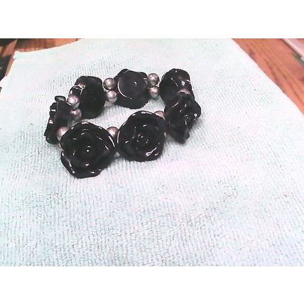 Chunky Wide Black Rose Flower Stretch Elastic Bracelet 1.5" Wide