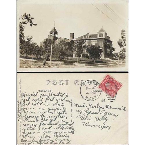 Lisbon North Dakata Postcard Real Photo used 1918 High School EX to Winnipeg