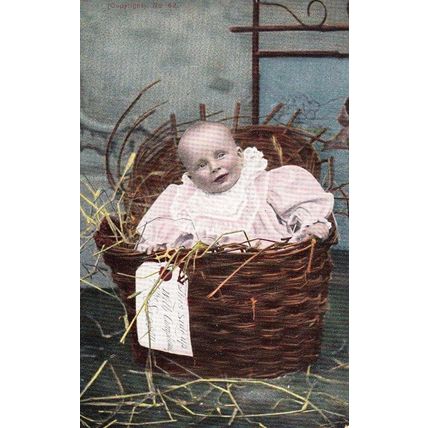 Season Baby Child In Basket Gift Present + Baggage Tag Antique Postcard