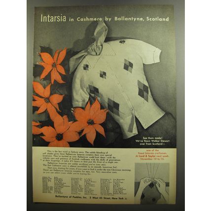 1952 Ballantyne of Peebles Intarsia Cashmere Sweaters Ad - Intarsia in Cashmere