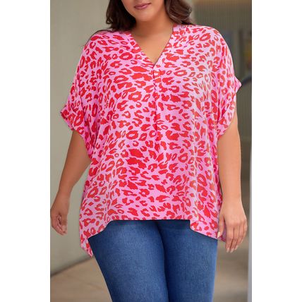 Rose Leopard Print V Neck Half Sleeve Plus Size Blouse