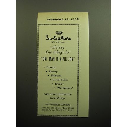 1958 Countess Mara Fashion Ad - Offering fine things for One Man in a Million
