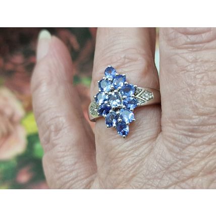 Natural Tanzanite Zircon Rhombus Cluster Ring Sz P½ Platinum Overlay 925 Silver