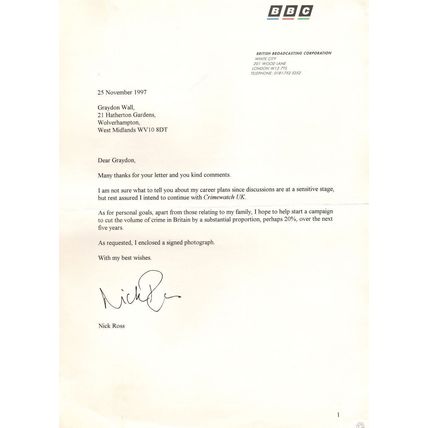 Nick Ross Crimewatch UK Sensitive Discussions Hand Signed BBC Letter