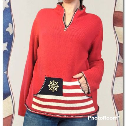 Vintage Villager Sport by Liz Claiborne Nautical Half Zip Sweater XL Cherry Red