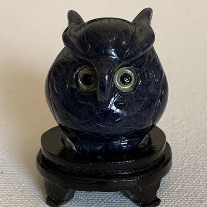 Blue Sodalite Owl Figurine Vintage Fine Chinese Carved Bird W Stand 1.4" READ**