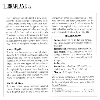 Collectors Club card. Classic Cars. Terraplane Six