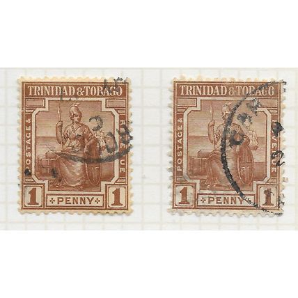 TRINIDAD & TOBAGO 1921 1d BROWN 2 STAMP LOT SG208 USED