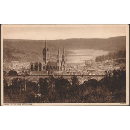 River and Cathedral, Truro, Cornwall, 1939 - Photochrom Postcard