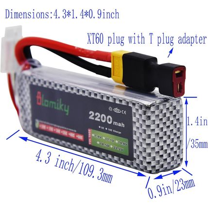 Blomiky 2 Pack XT60 Plug 11.1V 3S 2200Mah Lipo Battery and 1 Charger for RC Evad