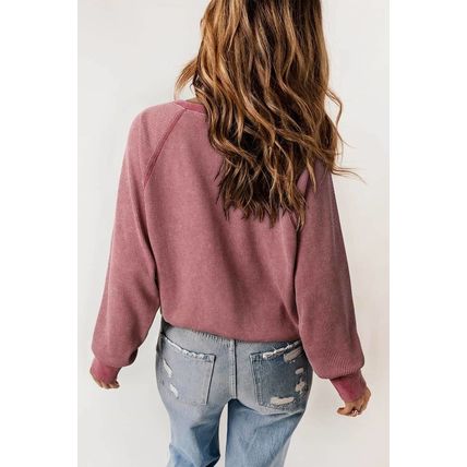 Red Waffle Knit Raglan Sleeve Henley Sweatshirt