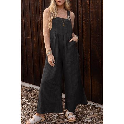 Black Striped Pleated Wide Leg Pocketed Jumpsuit