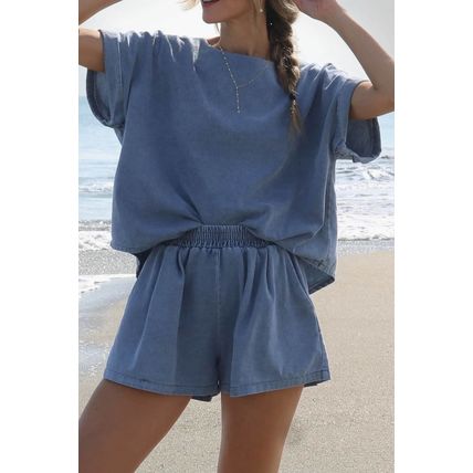 Light Blue Denim Cuffed Sleeve Tee Elastic Shorts Set