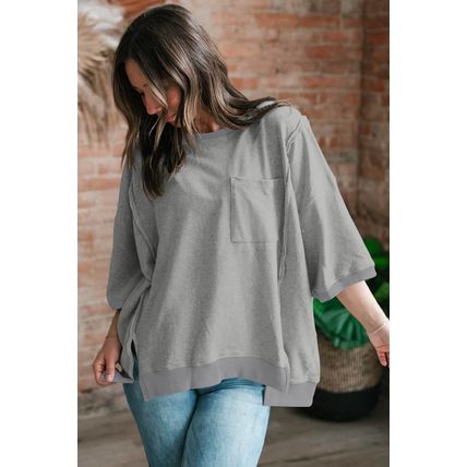 Light Grey Exposed Seam Chest Pocket Split Loose T Shirt