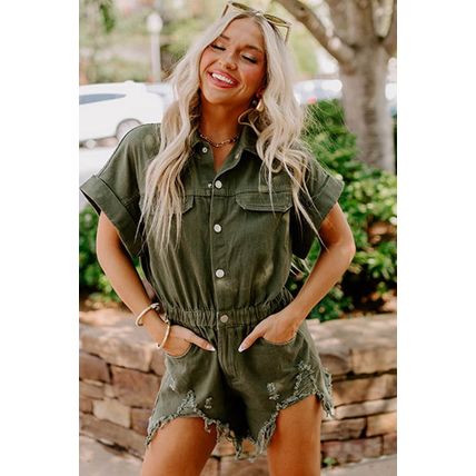 Moss Green Distressed Frayed Denim Romper