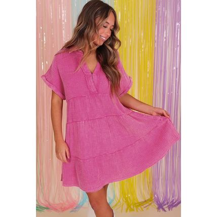 Strawberry Pink Mineral Wash Crinkle Split Neck Raw Hem Tiered Dress