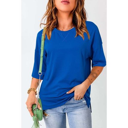 Dark Blue Longline Short Sleeve Side Slit Drop Shoulder Top