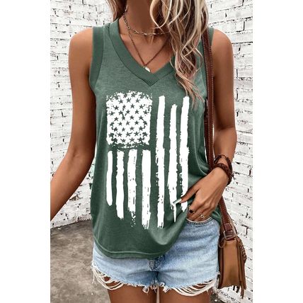 Mist Green Frayed American Flag Printed V Neck Tank Top