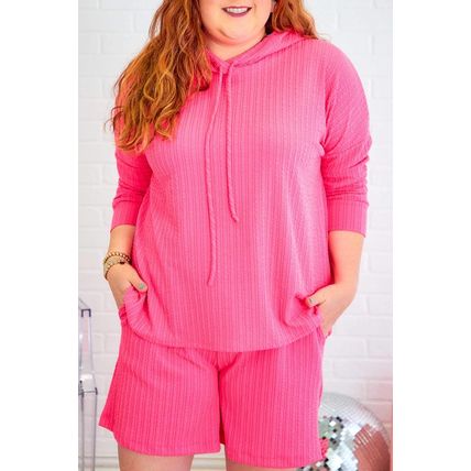 Rose Red Textured Hoodie and Shorts Plus Size Two Piece Set
