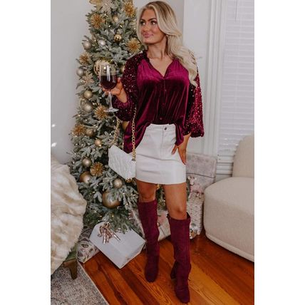 Red Dahlia Sequin Patchwork Sleeve Button Up Velvet Top