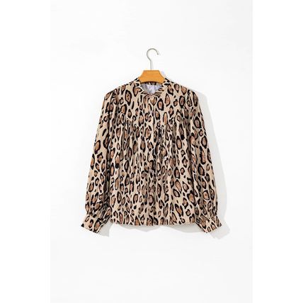 Light French Beige Oversized Leopard Print Balloon Sleeve Casual Shirt