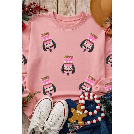 Pink Sequin Nutcracker Graphic Drop Shoulder Christmas Sweatshirt