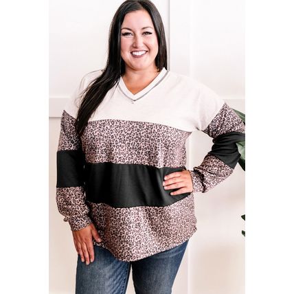 Black Leopard Print Colorblock V Neck Long Sleeve Plus Size Top