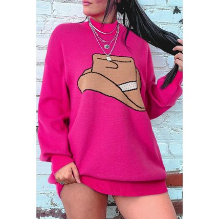 Rose Red YEEHAW Cowboy Hat Drop Shoulder Oversized Sweater