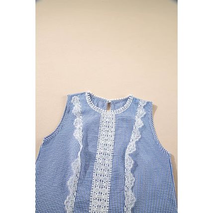 Sky Blue Stripe Lace Patchwork Crew Neck Tank Top