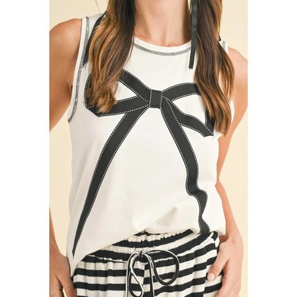 White Sweet Bow Stitching Trim Sleeveless Top