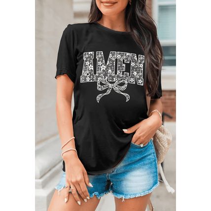 Black Floral AMEN Bow Printed T Shirt