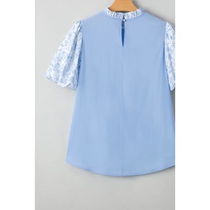 Beau Blue Lace Insert Floral Puff Sleeve Patchwork Loose Blouse